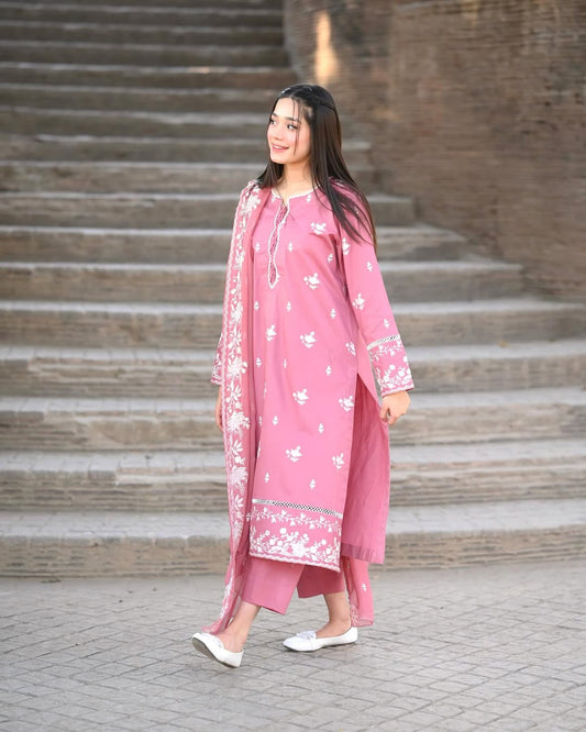 Rose Pink Embroidered 3Pc Suit