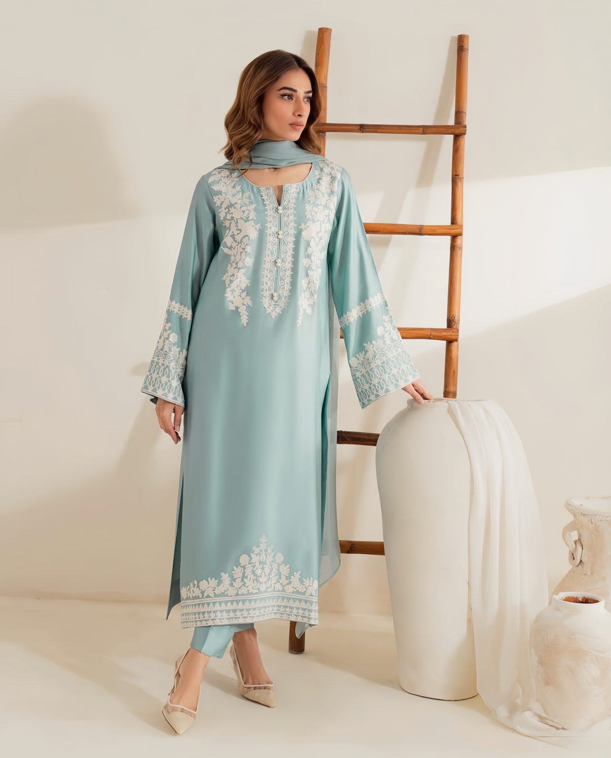 Seafoam Green Embroidered 3Pc Suit